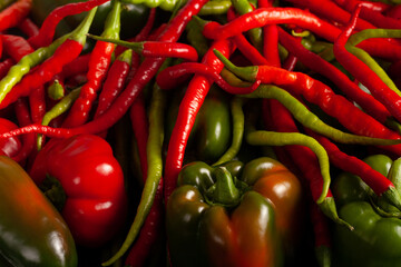 Close-up of fresh red and green chili peppers mixed with bell peppers. Vibrant organic vegetables ideal for cooking, recipes, healthy eating, and spicy food concepts.