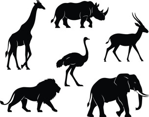 Illustration of african animals silhouettes giraffe, elephant, ostrich, rhino, antelope, and lion in black color