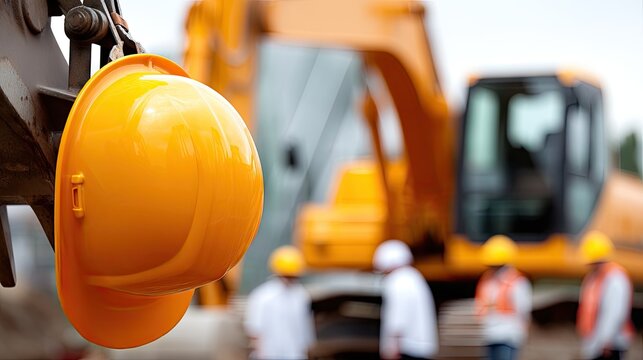 Close-up view of yellow excavator arm and helmet on construction site, highlighting equipment without people or distractions
