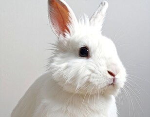 A close-up portrait showcases a fluffy white rabbit with prominent ears. Its dark eyes and pink nose are in focus against a plain backdrop