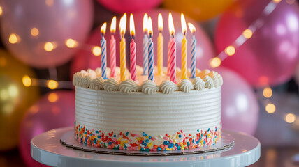 White birthday cake with lit colorful candles and sprinkles on a stand with pink and gold balloons in background