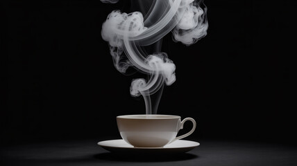 White ceramic cup and saucer with rising steam against a dark black background smoke vapor