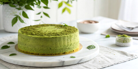 Mossy green cake on marble platter