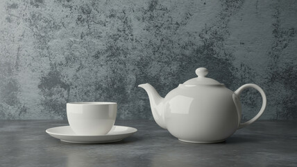 White ceramic teapot and cup with saucer on a textured gray surface and background image