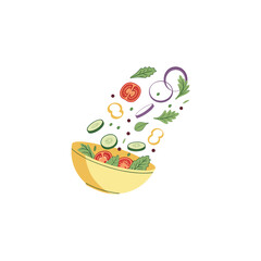 Fresh healthy food with flying vegetables and fruits. Flat vector illustration of different meal with tomato, cucumber, bell pepper, apple, and carrot. Organic food concept, diet and healthy lifestyle