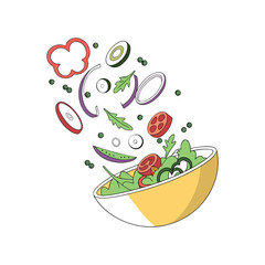 Fresh healthy food with flying vegetables and fruits. Flat vector illustration of different meal with tomato, cucumber, bell pepper, apple, and carrot. Organic food concept, diet and healthy lifestyle