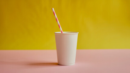White paper cup with pink and white striped straw on pink surface against yellow background