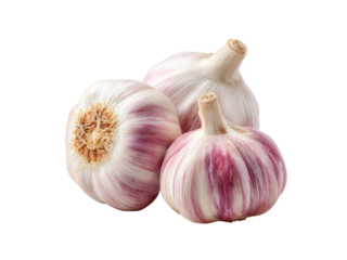 Three whole garlic bulbs with purple stripes white, Isolated, Png Transparent Background