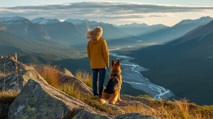 Woman and German Shepherd dog on rocky mountain peak overlooking valley river at sunrise