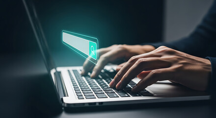 Hands typing on a laptop keyboard with a virtual search bar displayed on the screen.