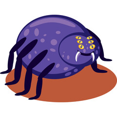 Pixel Art Style Purple Spider With Yellow Eyes And White Fangs Sitting On A Brown Oval Shape With Transparent Background