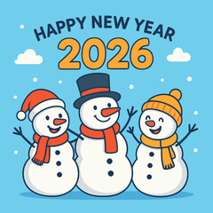 Flat vector logo for Happy New Year 2026, featuring a cheerful snowman trio in festive winter attire, ideal for holiday greetings and joyful celebration designs