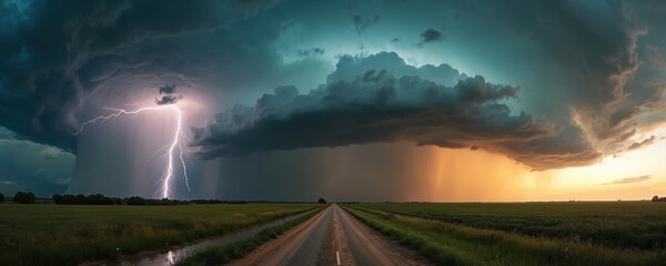 Powerful storm brings lightning, heavy rain over rural plain. Dark, dramatic clouds contrast with clear sky on horizon. Long, straight road goes through green fields towards golden sunset. Shows