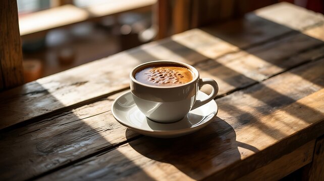 Coffee cup on rustic wooden table in morning light and shadows