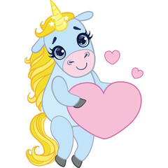 Cute light blue cartoon unicorn with yellow mane and tail holding a large pink heart and surrounded by smaller hearts