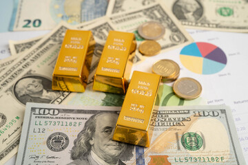 Gold bars with US dollar and Euro banknote money, finance trading investment business currency.