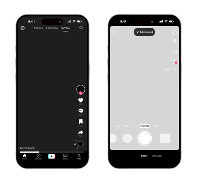 TikTok is app to create and share videos. Tik Tok Screen interface and tik tok icons in social media application. Music and video app icons. Mockup application page user interface. UI, UX Vecto