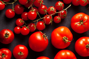Flat lay of fresh tomatoes and cherry tomatoes on black slate texture. Concept of clean eating, organic vegetables, vegetarian diet