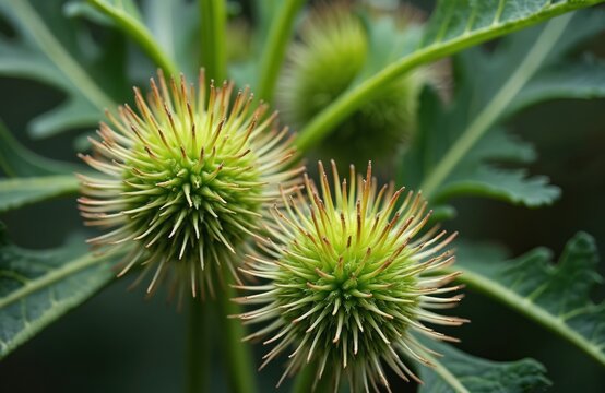 Close-up of two green cocklebur seed heads with sharp spiky details and surrounding leaves. Prickly plant part shows natural wild growth outdoors. Botanical seed pods detail.