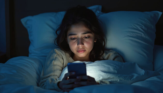 Young woman in bed at night uses phone. She looks tired upset. Girl scrolls mobile device under blanket in dark room. Social media addiction concept.
