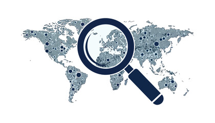 A stylized world map with a magnifying glass, focusing on Europe, highlighting global analysis.