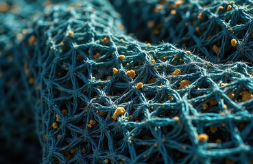 Worn blue fishing net tangled with small yellow particles. Close up shows rope details, strong mesh pattern. Vital industrial equipment used for catching fish, seafood, overfishing, sea waste, marine