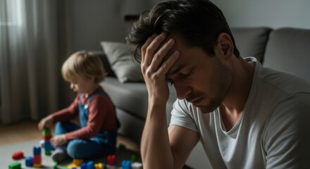 Caucasian dad feeling sad with head in hand, while child with autism spectrum disorder plays with building blocks on floor. Concept of difficult parenting and childhood development.