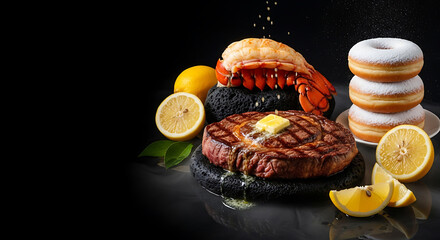 Juicy Steak & Lobster with Donuts and Lemons on Dark Backdrop
