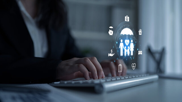 Concept of comprehensive insurance coverage and financial planning. A policy that provides life, health, and asset protection for a family's security and risk management. Fermion