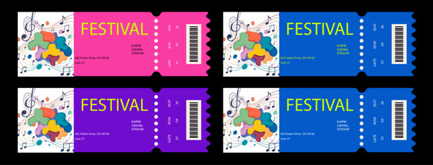 Editable Vector Concert Event Ticket Template: Modern Festival Pass Background with Party Entrance Mockup and Music Event Ticket Layout Design.