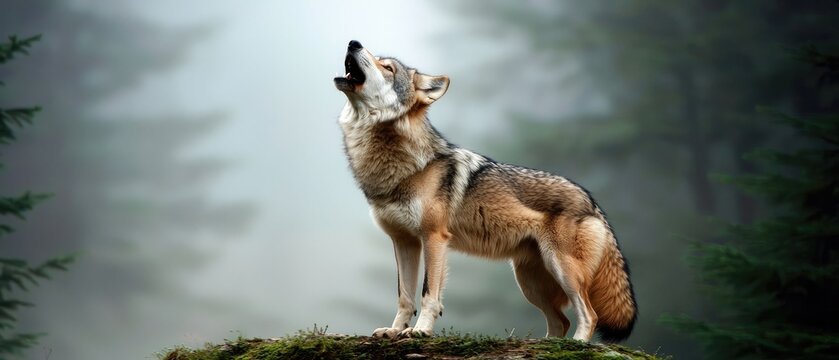 Gray wolf stands on cliff edge barking in misty morning light surrounded by a lush pine forest in breathtaking detail