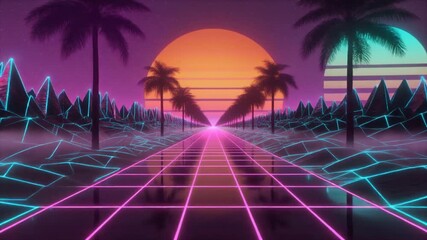 Retro futuristic neon landscape with glowing palm trees and vibrant horizon in cinematic 4K view - Powered by Adobe