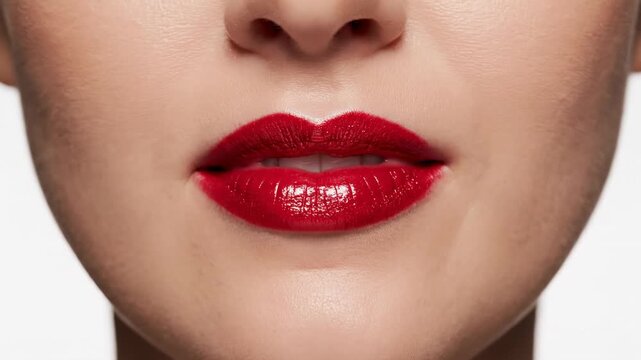 Extreme close up of a woman's mouth with sensual red lipstick singing on a white background, her full lips articulating words and showing white teeth, expressing passion and emotion
