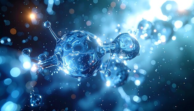 Abstract, glowing blue spheres connected, floating in a blurred, dreamlike space