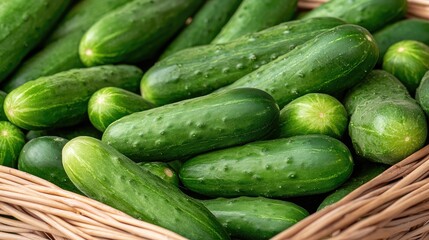 Fresh green cucumbers collected in a wicker basket, showcasing their natural color and texture in a garden setting