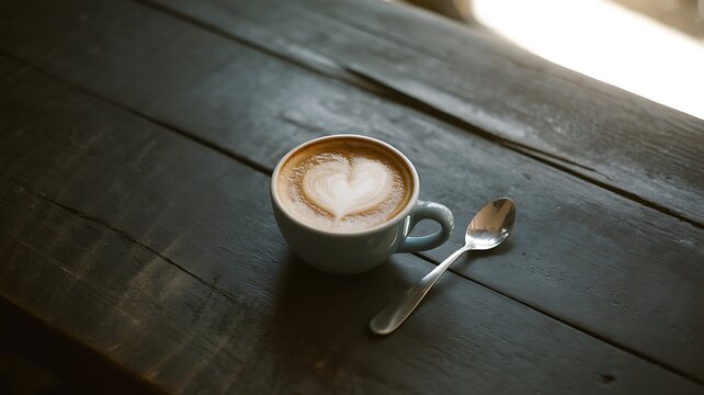 Cup of coffee with heart latte art on rustic wooden table