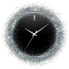 Elegant clock with silver glitter isolated on transparent background showing almost midnight time