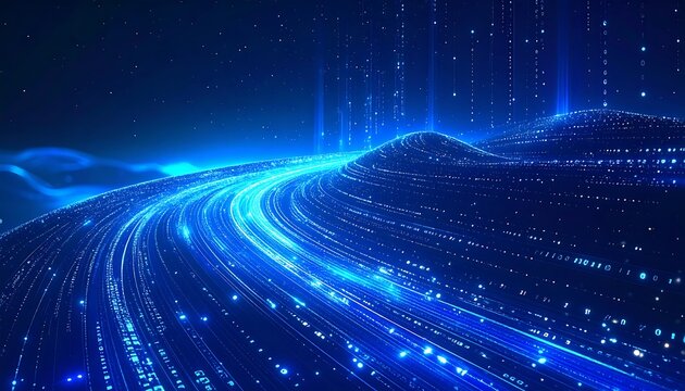Abstract landscape with flowing blue data streams cascading down rolling hills under a starry night sky