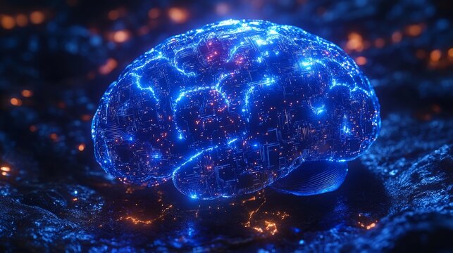A bright depiction of a connected brain in electric blue, symbolizing intelligence and innovation