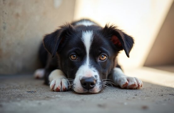 Sad looking puppy lies on floor. Black and white dog with big brown eyes hopes for new home. Adorable pet needs love and family. Animal rescue center.