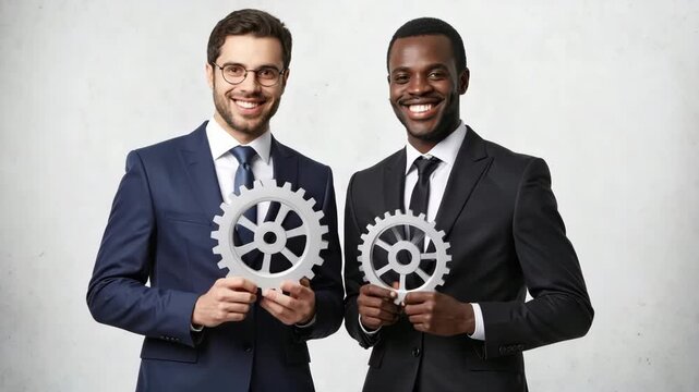 Two diverse businessmen in suits holding metallic gears, symbolizing teamwork and partnership.