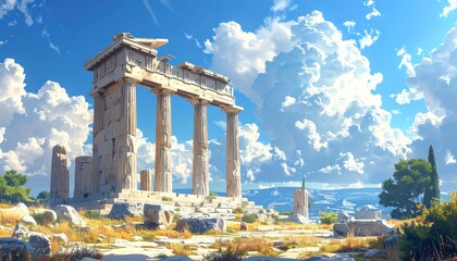 Ancient stone ruins stand under a vivid blue sky with fluffy white clouds. Landscape of nature and history