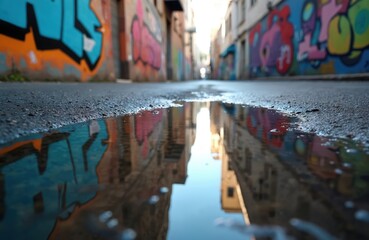 Fototapeta premium Low angle shot of urban alleyway with bright graffiti art on walls. Reflecting buildings in a water puddle on asphalt street. Colorful city scene with wet ground.