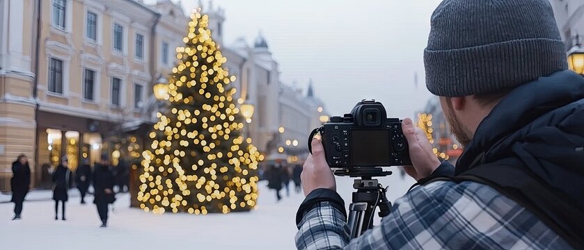 Photographer capturing the essence of a city street at night with an old camera and tripod in a festive atmosphere filled with lights - Powered by Adobe