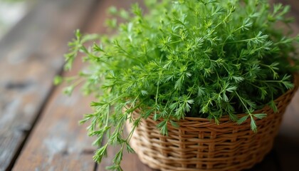 Fresh green cleavers plant in woven basket on rustic wooden table. Medicinal herb used in ayurveda and natural remedies, perfect for wellness content.