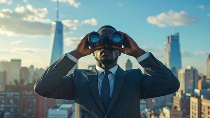 Businessman in a suit on a rooftop using binoculars to look at the city skyline, symbolizing vision and foresight. - Powered by Adobe