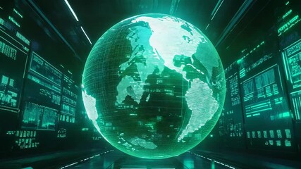 Digital earth globe hologram showing global data network - Powered by Adobe