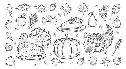 Delightful Thanksgiving outline elements illustration for festive coloring pages and designs