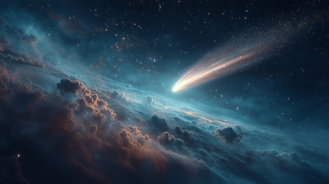 A comet streaks across the dark sky, illuminating the clouds below. The scene captures the vastness of space and the beauty of celestial phenomena.