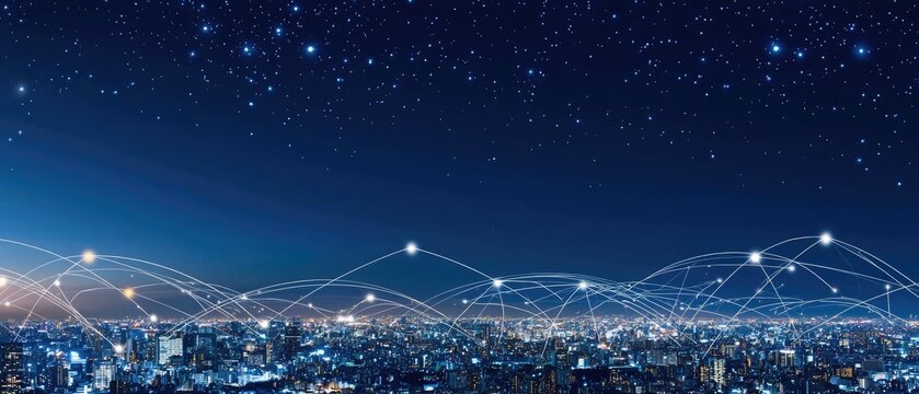 Futuristic city skyline at night showcasing digital connectivity and urban technology in a high-resolution aerial view - Powered by Adobe